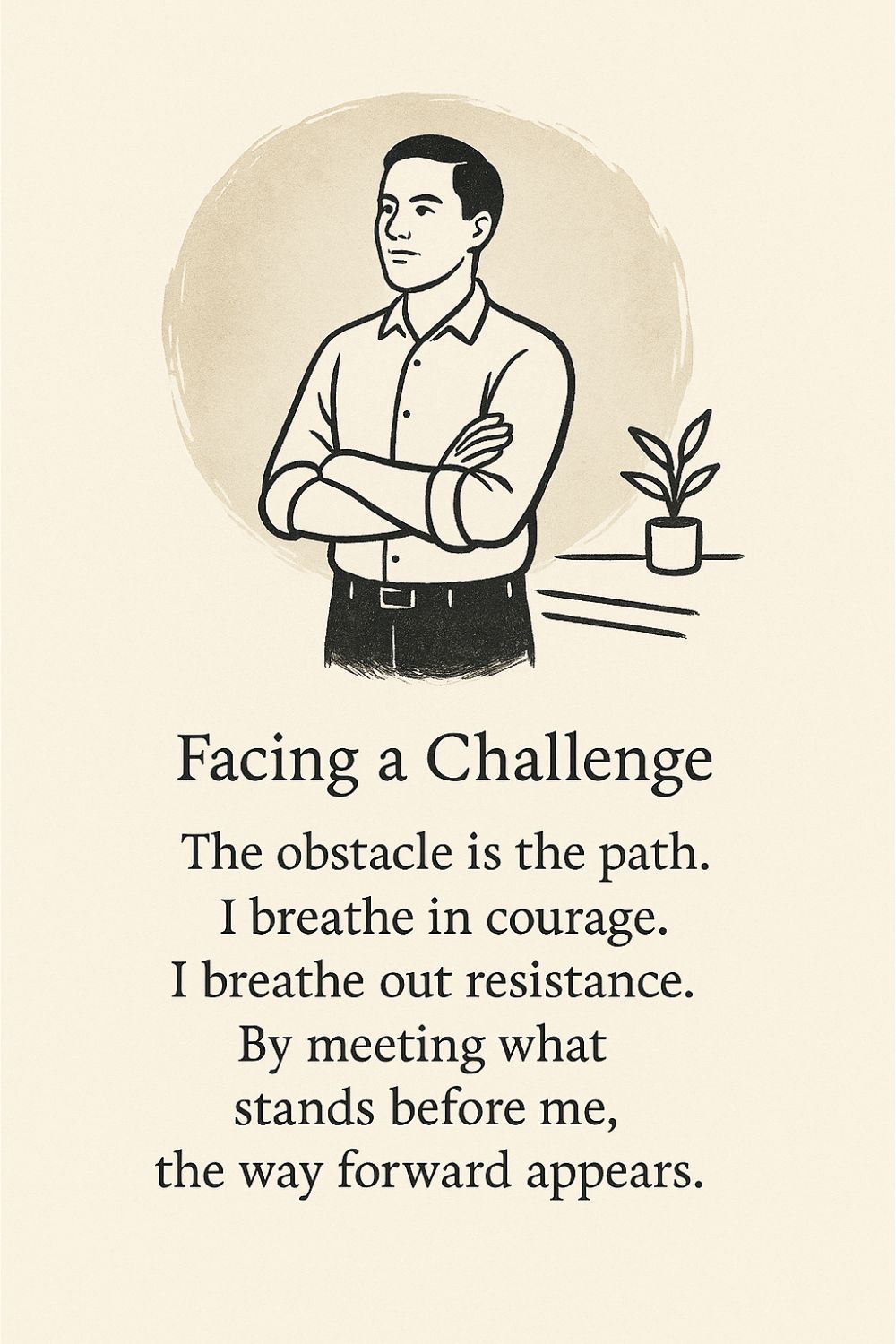 The original illustrated Gatha card for “Facing a Challenge”, which includes the verse as part of the artwork. The same verse appears as text below.