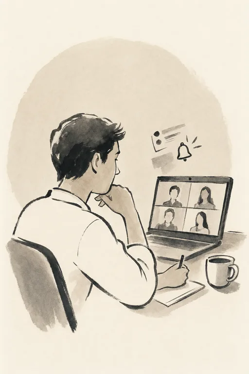 A person at a laptop looks toward a video call as notification symbols hover nearby.