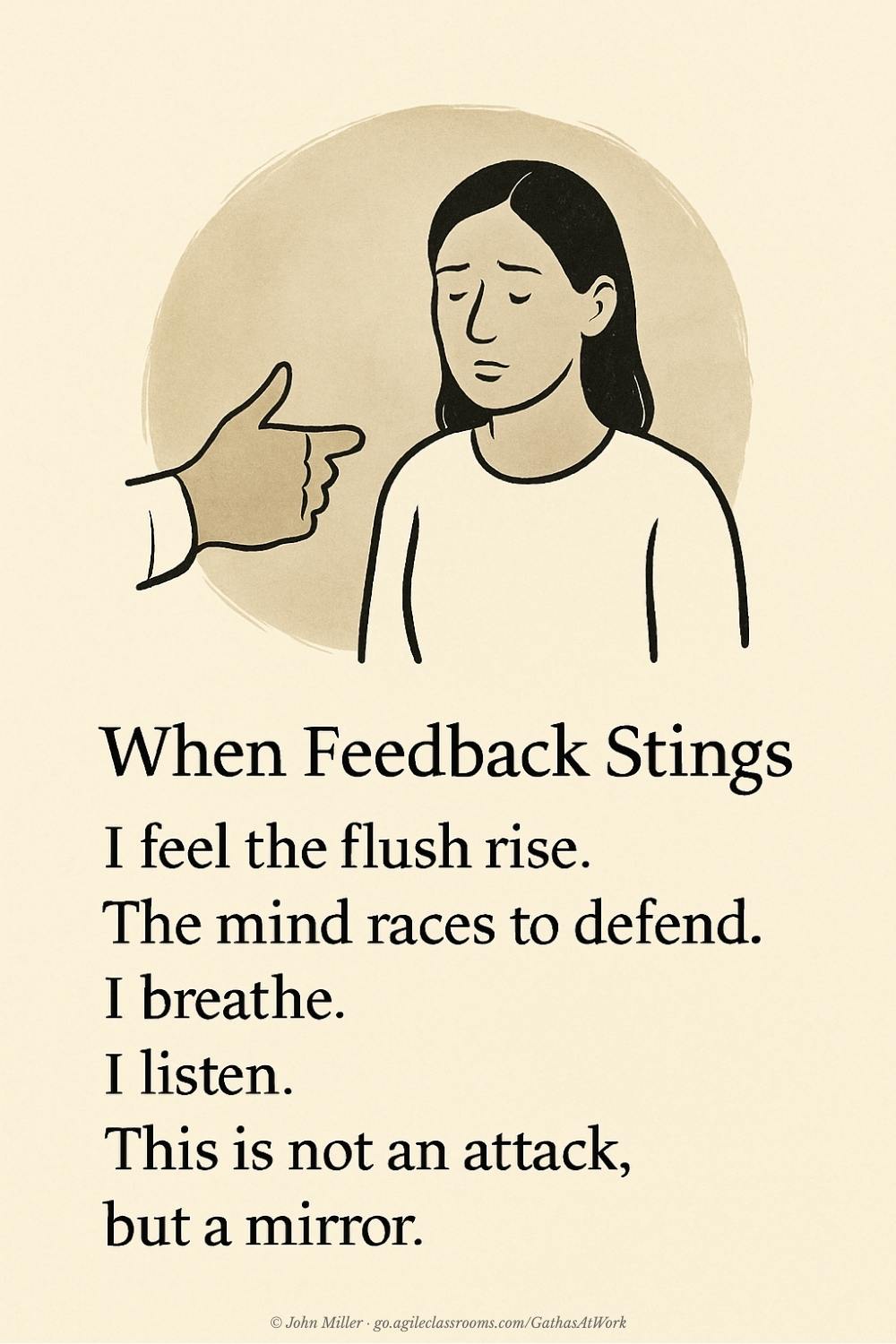 The original illustrated Gatha card for “When Feedback Stings”, which includes the verse as part of the artwork. The same verse appears as text below.